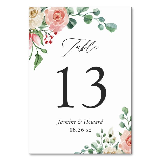 Watercolor Rose Floral Wedding Table Number (Front)
