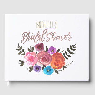 Watercolor Rose Floral with Name Bridal Shower Guest Book
