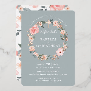 Watercolor Rose Floral Wreath Baptism 1st Birthday