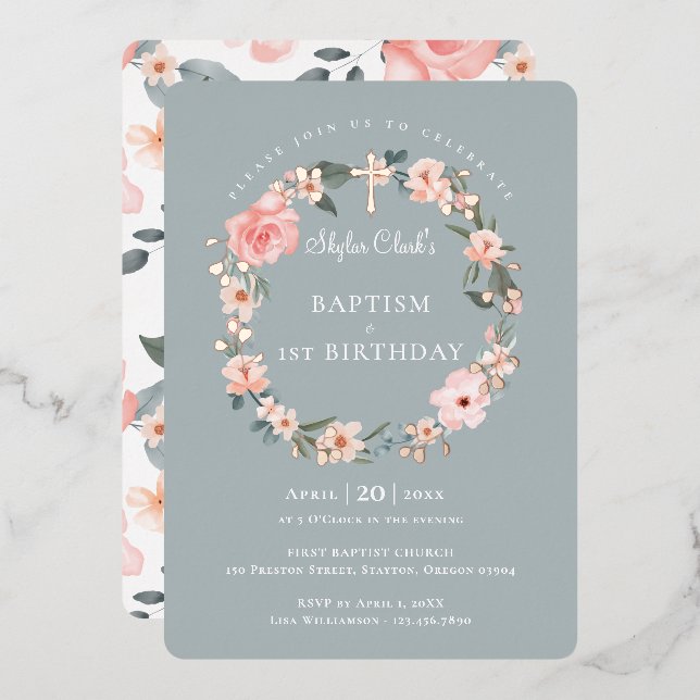 Watercolor Rose Floral Wreath Baptism 1st Birthday (Front/Back)