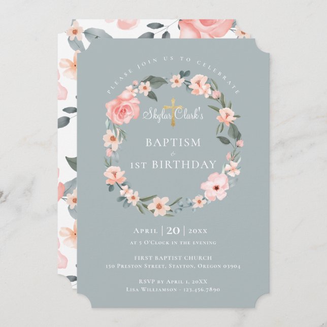 Watercolor Rose Floral Wreath Baptism 1st Birthday Invitation (Front/Back)