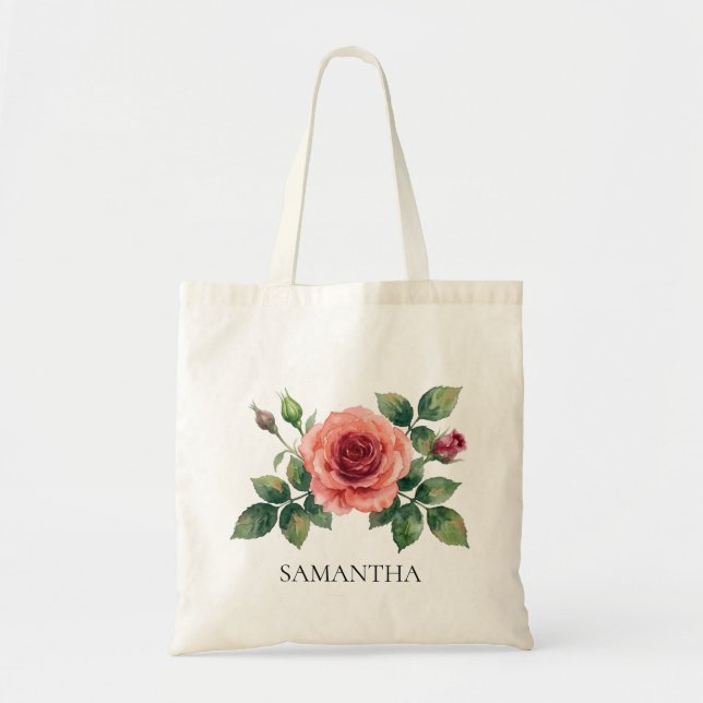 Watercolor Rose Flower Tote Bag (Front)
