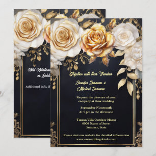Watercolor rose flowers black gold elegant wedding invitation