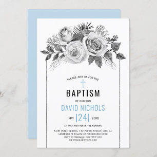 Watercolor rose flowers floral grey Baptism Invitation