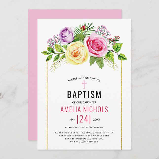 Watercolor rose flowers floral pink Baptism  Invitation (Front/Back)