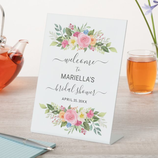Watercolor Rose Garden Bridal Shower Welcome Pedestal Sign (In SItu)