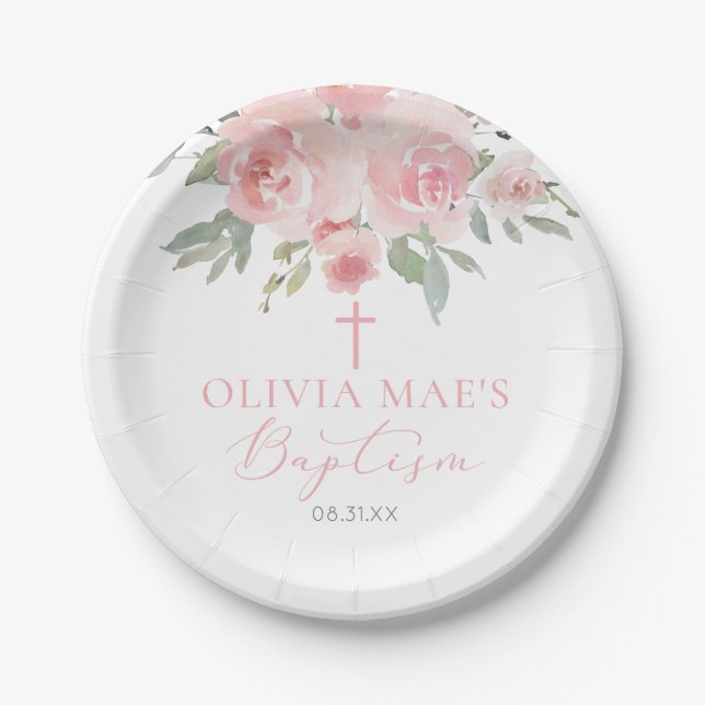 Watercolor Rose Garden Girl Baptism Paper Plate (Front)