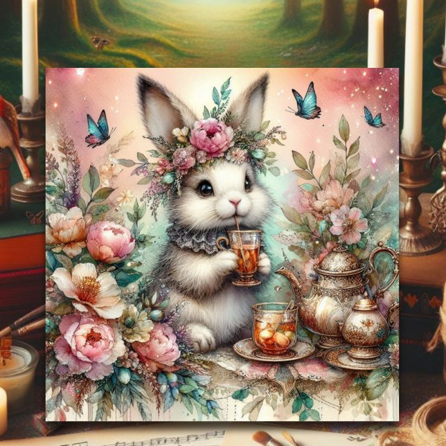 Watercolor Rose Gold Bunny Easter Tea Party  Holiday Card (Creator Uploaded)