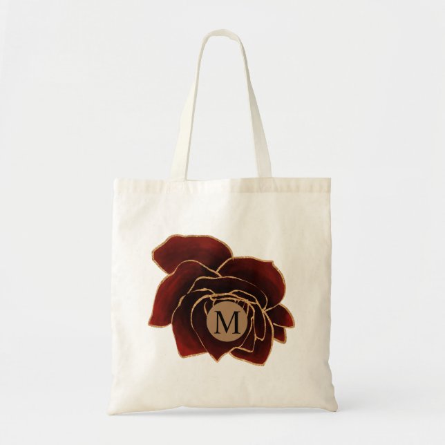 watercolor rose gold burgundy faux foil monogram tote bag (Front)