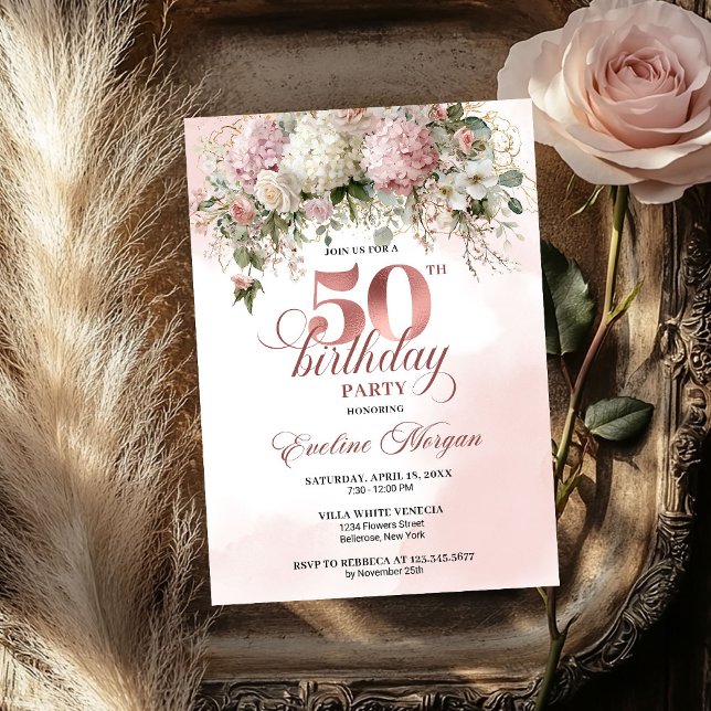 Watercolor Rose Gold Floral 50th Birthday Celebrat Invitation (Watercolor Rose Gold Floral 50th Birthday Celebration Invitation

)