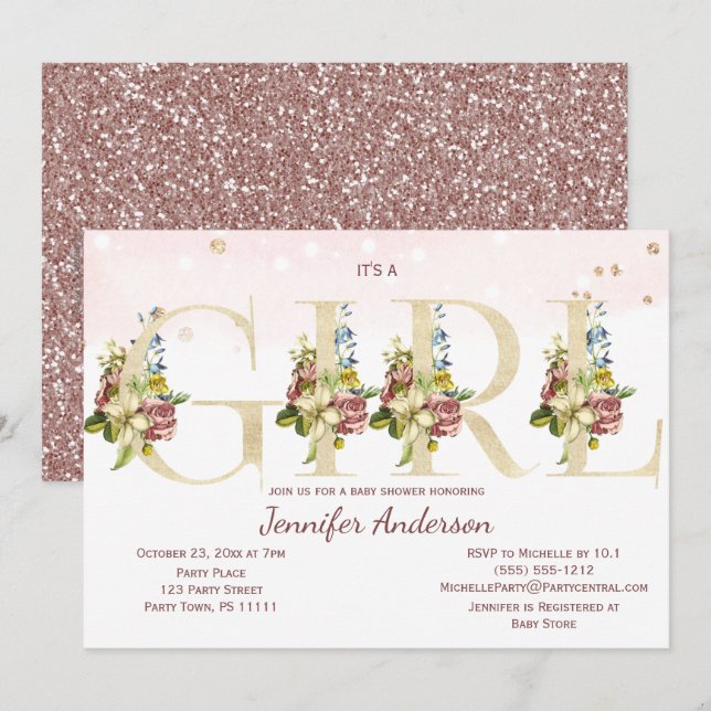 Watercolor Rose Gold Glitter Baby Girl Shower Invitation (Front/Back)