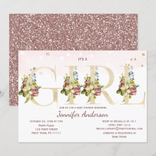Watercolor Rose Gold Glitter Baby Girl Shower Invitation
