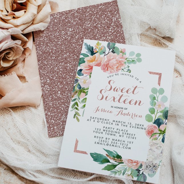 Watercolor Rose Gold Pink Glitter Sweet Sixteen Invitation (Creator Uploaded)