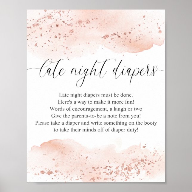 Watercolor rose gold pink Late night diapers sign (Front)