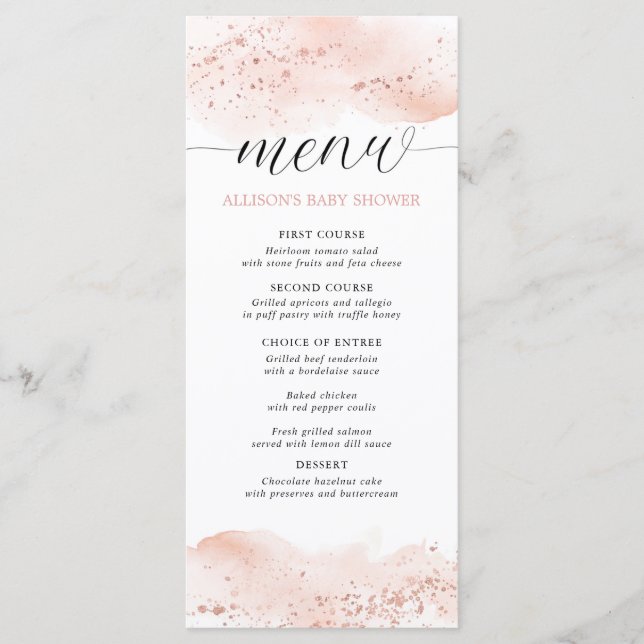 Watercolor rose gold pink shower menu (Front)