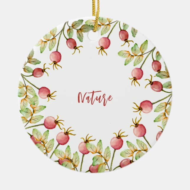 Watercolor rose hips ceramic tree decoration (Front)