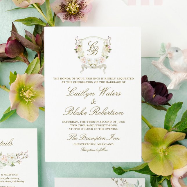 Watercolor Rose Hydrangea Wedding Crest Invitation (Creator Uploaded)