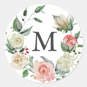 Watercolor Rose Monogram Classic Round Sticker