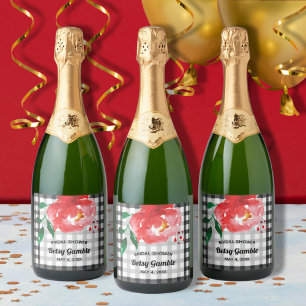 Watercolor Rose on Gingham Sparkling Wine Labels