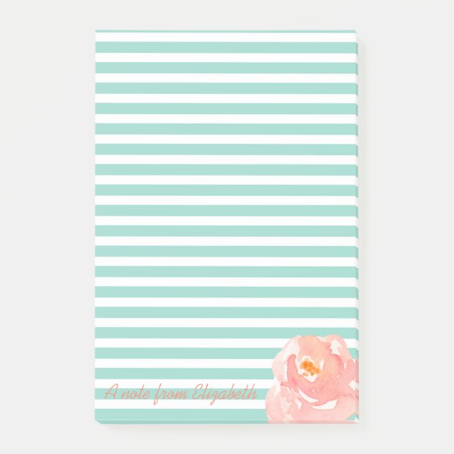 Watercolor Rose  on Stripes-Personalised Post-it Notes (Front)