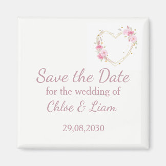 Watercolor Rose Pink Floral Heart Save the Date  Magnet