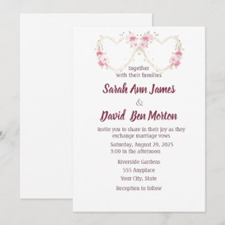 Watercolor Rose Pink Floral Heart Wedding  Invitation