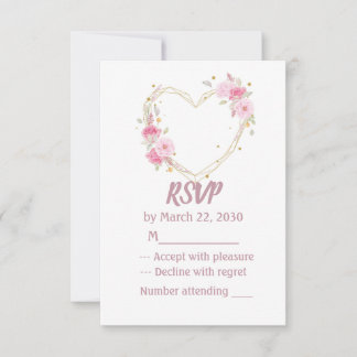 Watercolor Rose Pink Floral Heart Wedding RSVP  Card