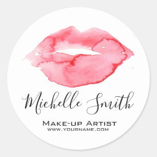 Watercolor rose pink lips makeup branding classic round sticker