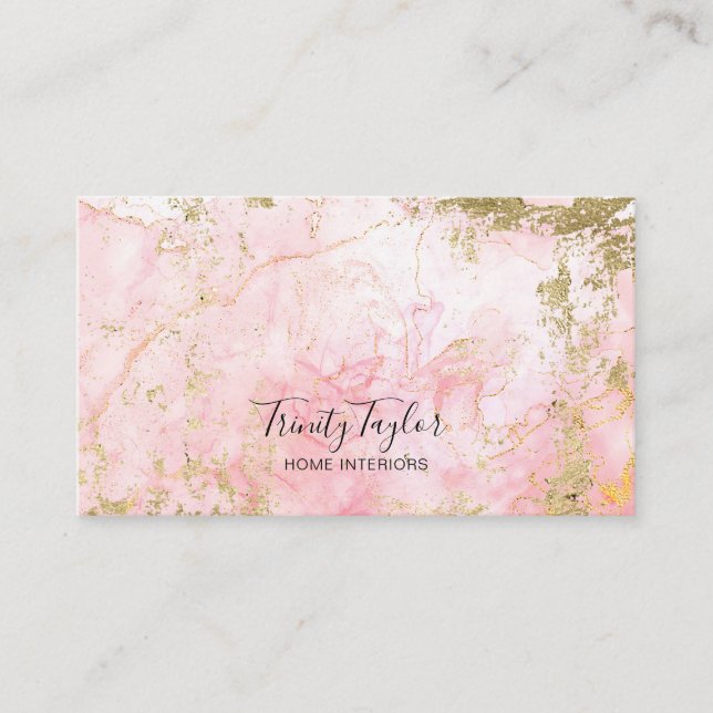 Watercolor Rose Quartz & Faux Gold Foil Business Card (Front)