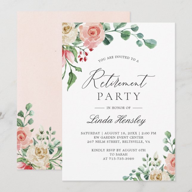 Watercolor Rose Retirement Party Invitation (Front/Back)