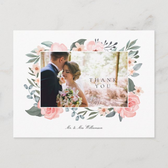 Watercolor Rose & Sage Greenery Wedding Thank You Postcard (Front)