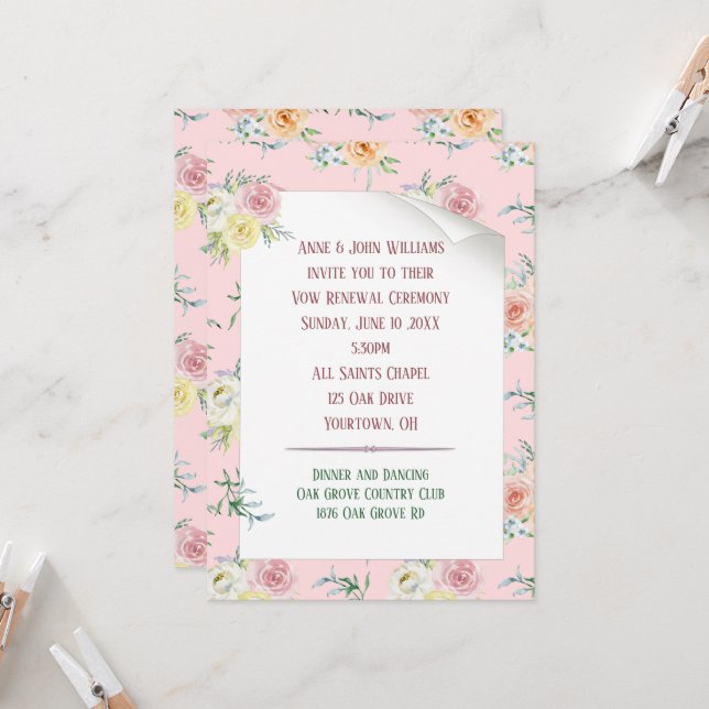 Watercolor Rose Vow Renewal Invitation (Front/Back In Situ)
