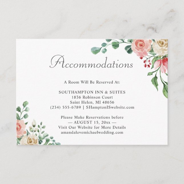 Watercolor Rose Wedding Accommodations Card (Front)