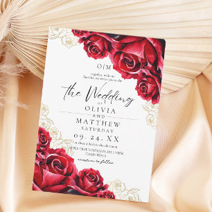 Watercolor Rose Wedding Burgundy Gold Invitation