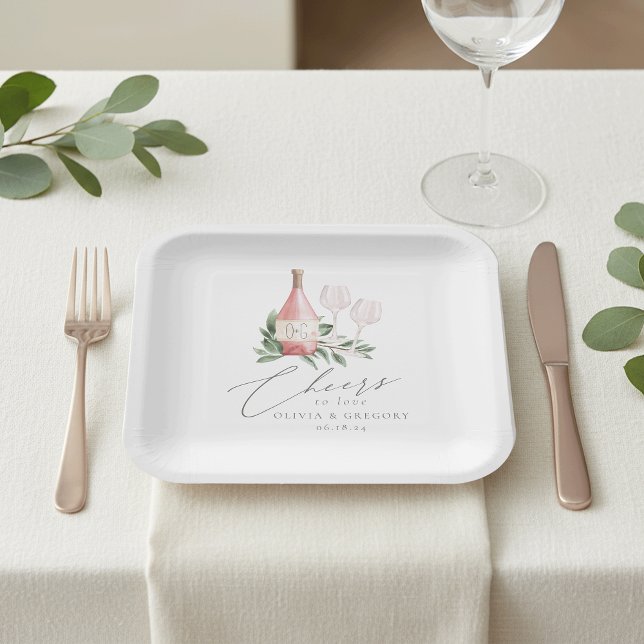 Watercolor Rose Wine Botanical Cheers to Love Paper Plate (Creator Uploaded)