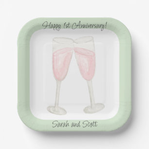 Watercolor Rose Wine Filled Champagne Glasses Paper Plate