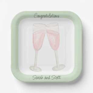Watercolor Rose Wine Filled Champagne Glasses Paper Plate