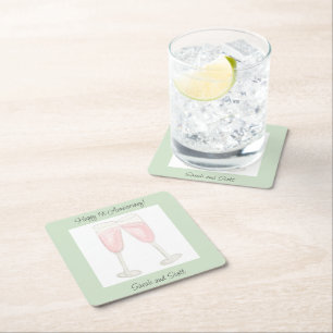 Watercolor Rose Wine Filled Champagne Glasses Square Paper Coaster