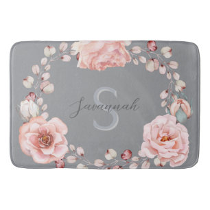 Watercolor Rose Wreath Personalised Grey Bath Mat