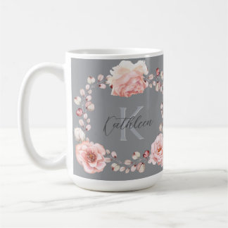 Watercolor Rose Wreath Personalised | Grey Coffee Mug