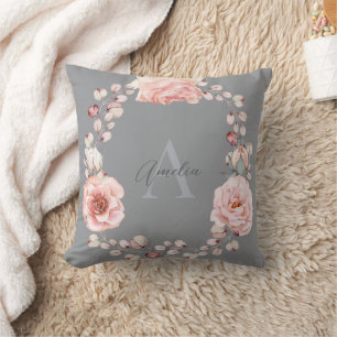 Watercolor Rose Wreath Personalised Grey Cushion