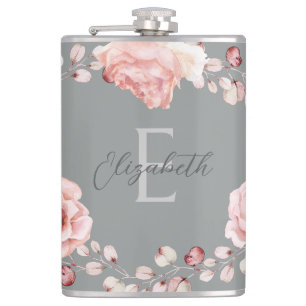 Watercolor Rose Wreath Personalised Grey Hip Flask