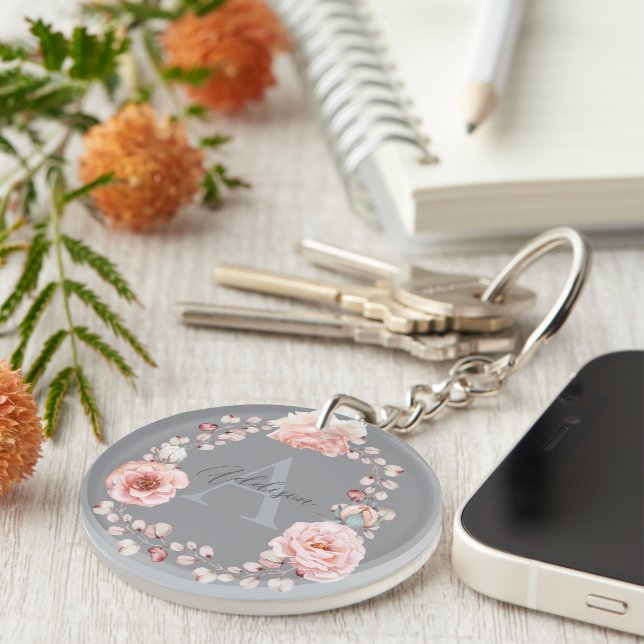 Watercolor Rose Wreath Personalised | Grey Key Ring (Front Right)