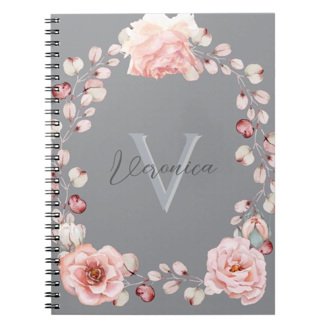 Watercolor Rose Wreath Personalised | Grey Notebook (Front)