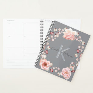 Watercolor Rose Wreath Personalised Grey Planner