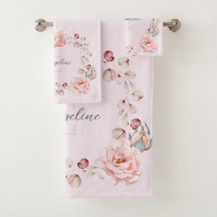 Watercolor Rose Wreath Personalised Pink Bath Towel Set