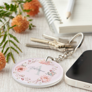 Watercolor Rose Wreath Personalised Pink Key Ring