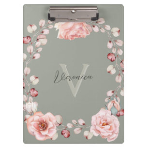 Watercolor Rose Wreath Personalised   Sage Green Clipboard