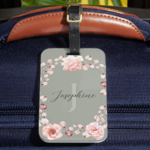 Watercolor Rose Wreath Personalised Sage Green Luggage Tag