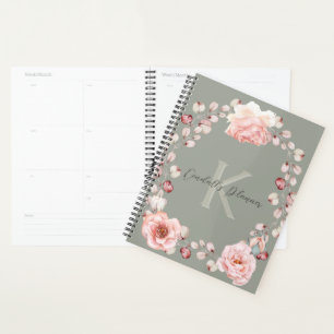 Watercolor Rose Wreath Personalised Sage Green Planner